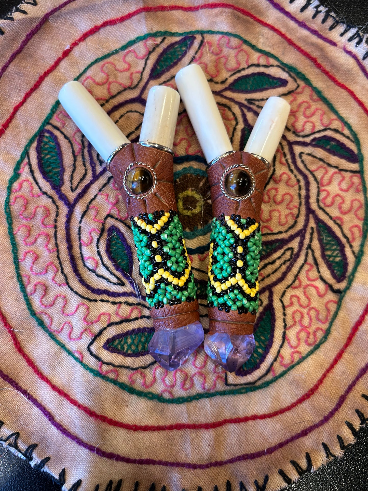 Bone & Bead Kuripe - Green & Yellow with Amethyst