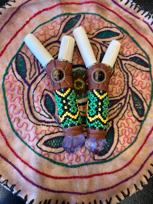 Bone & Bead Kuripe - Green & Yellow with Amethyst