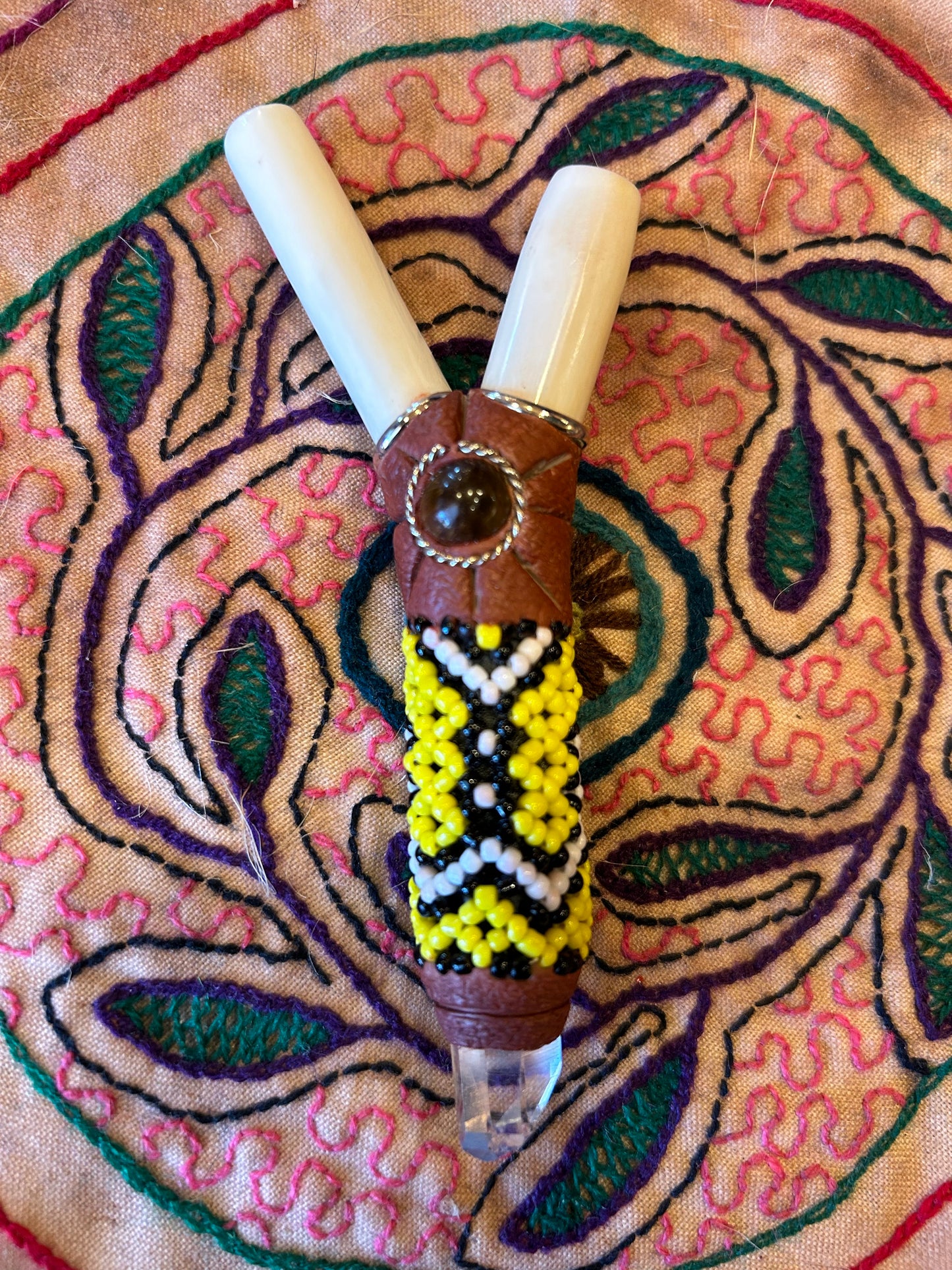 Bone & Bead Kuripe - Yellow & White with Clear Quartz